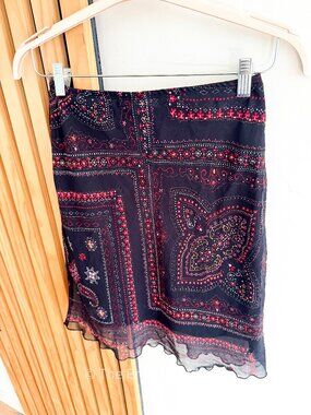 Y2K Fragile by XOXO Mesh Paisley Patchwork Skirt Black Red (M)
